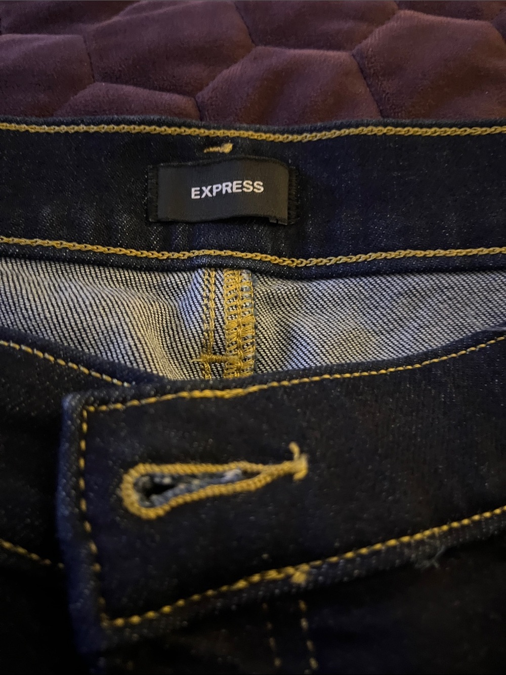 Express Women’s Dark Blue Slim Jeans with Yellow Stitching